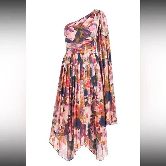 Kay Unger Lilah Tea Length Floral One-Shoulder Dress - Picture 7 of 12